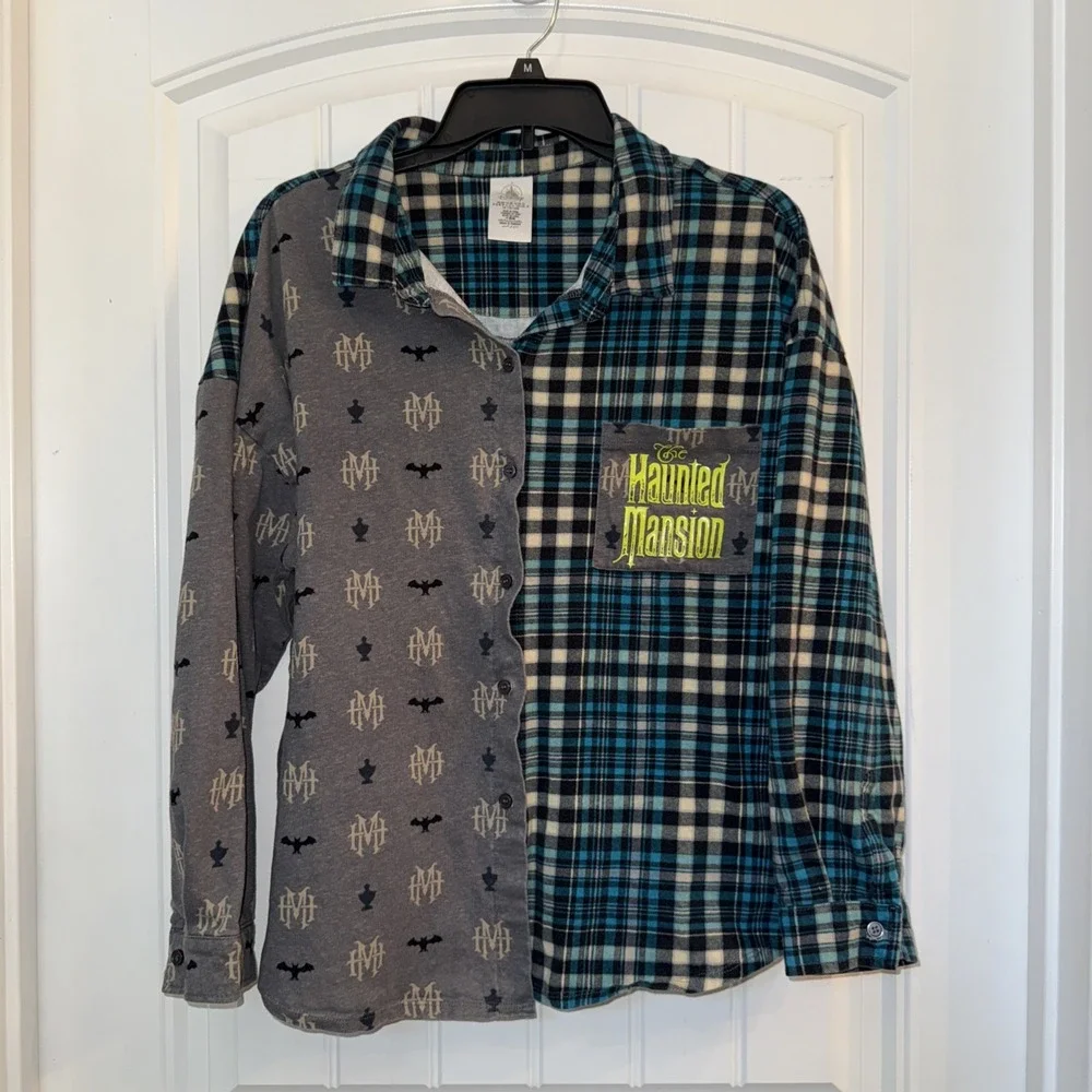 Disney Haunted Mansion Tie Front Long Sleeve Plaid Shirt 1X Womens 100% Cotton - Picture 1 of 7
